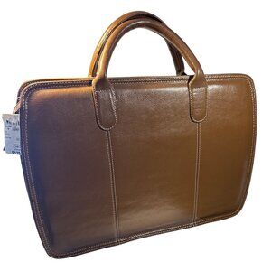 Brown Leather Briefcase Dual Handles Zipper Business Professionals Travel 15x10.